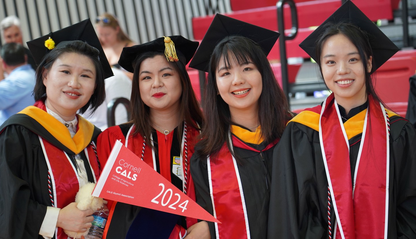 four women stand together dressed in graduation gowns
