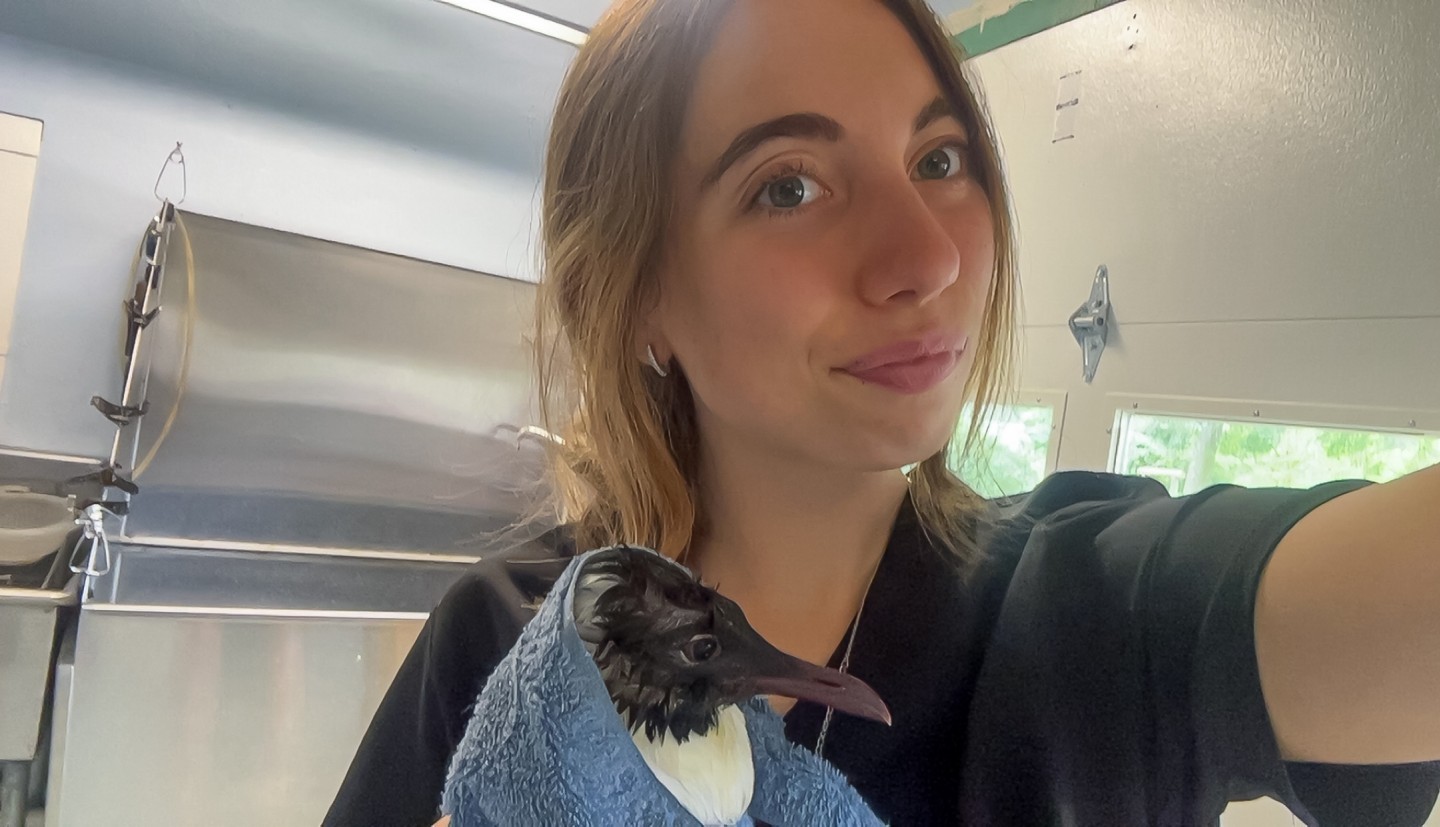 a woman holds a bird wrapped in a blanket