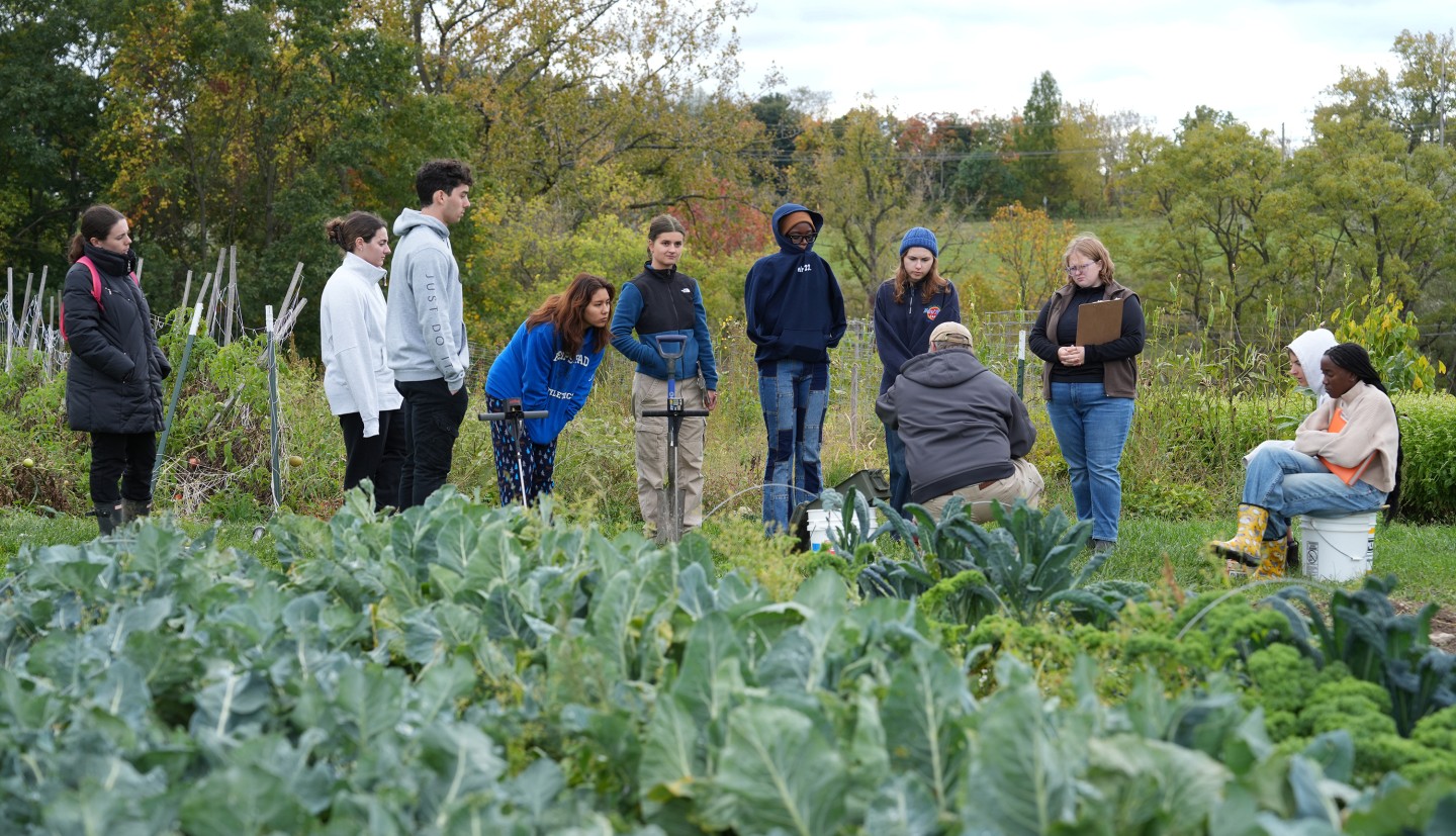 A group of students and their professor taking soil samples