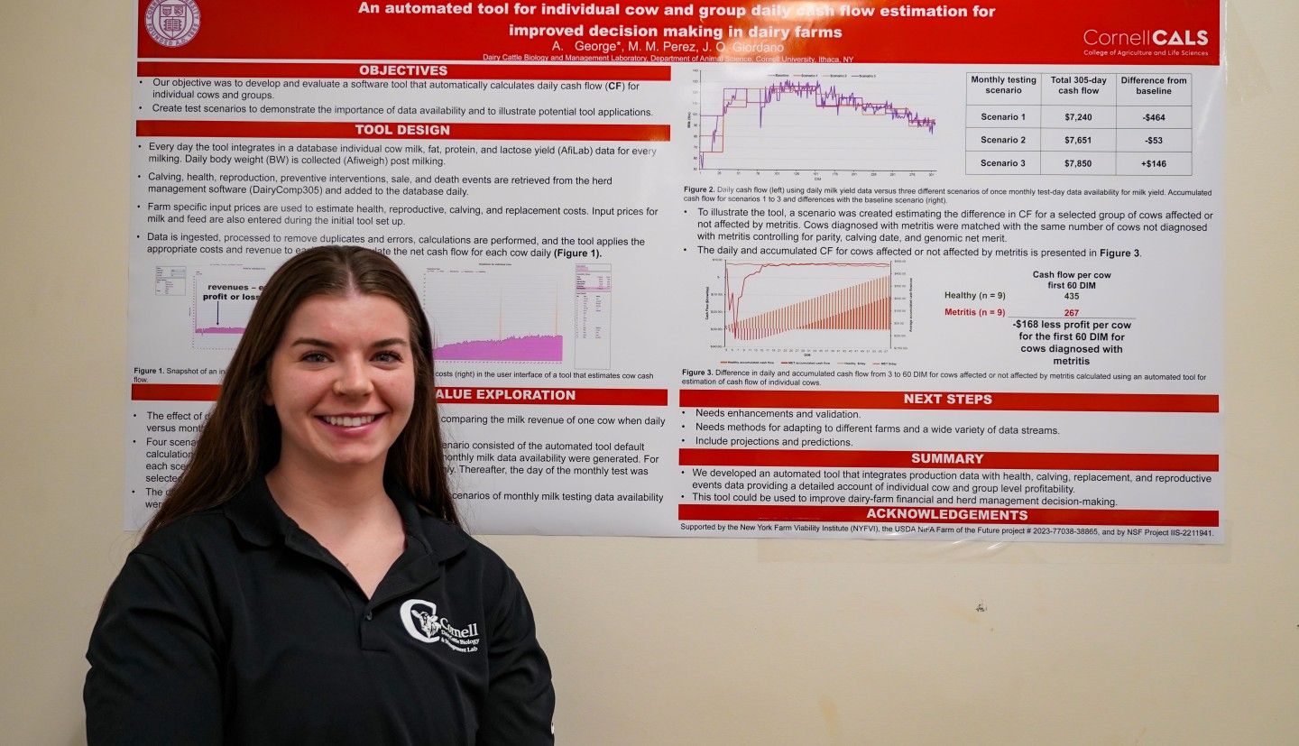 a woman stand in front of an academic poster