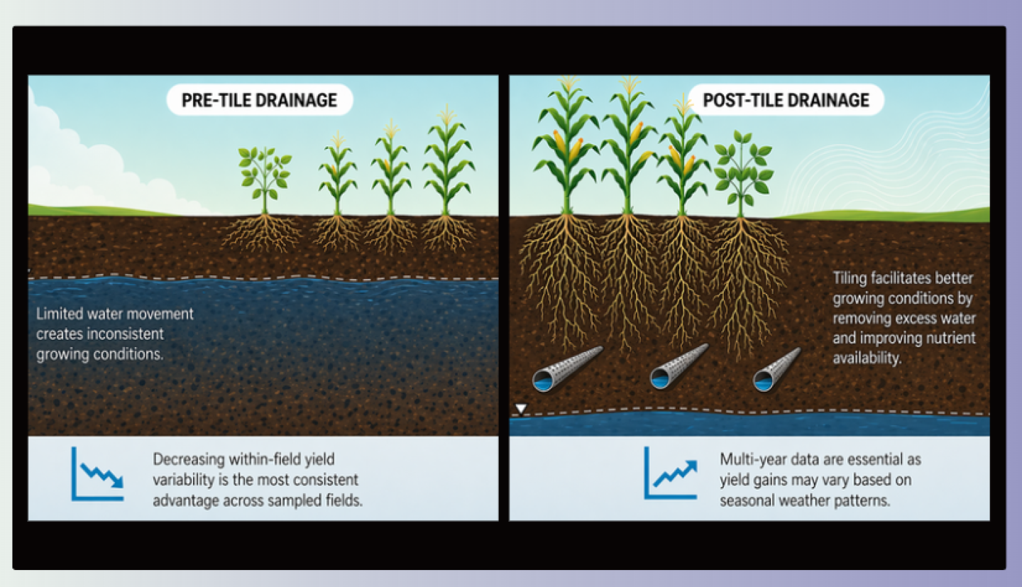 A figure shows shorter and less extensive root structures for non-tiled fields and longer, more extensive root structure for tiled fields.