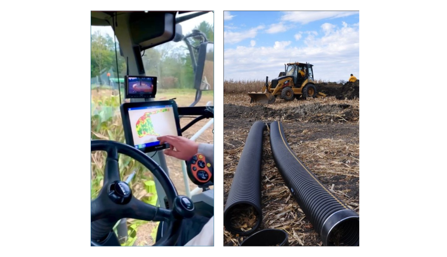 A farmer points to a yield monitor (left) and tile drainage tubing lays in a farm field (right).