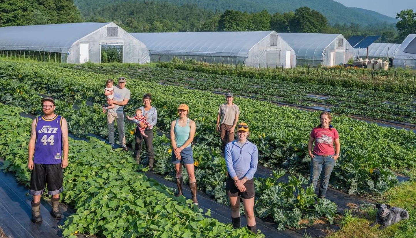 People at the farm, in front of high tunnels