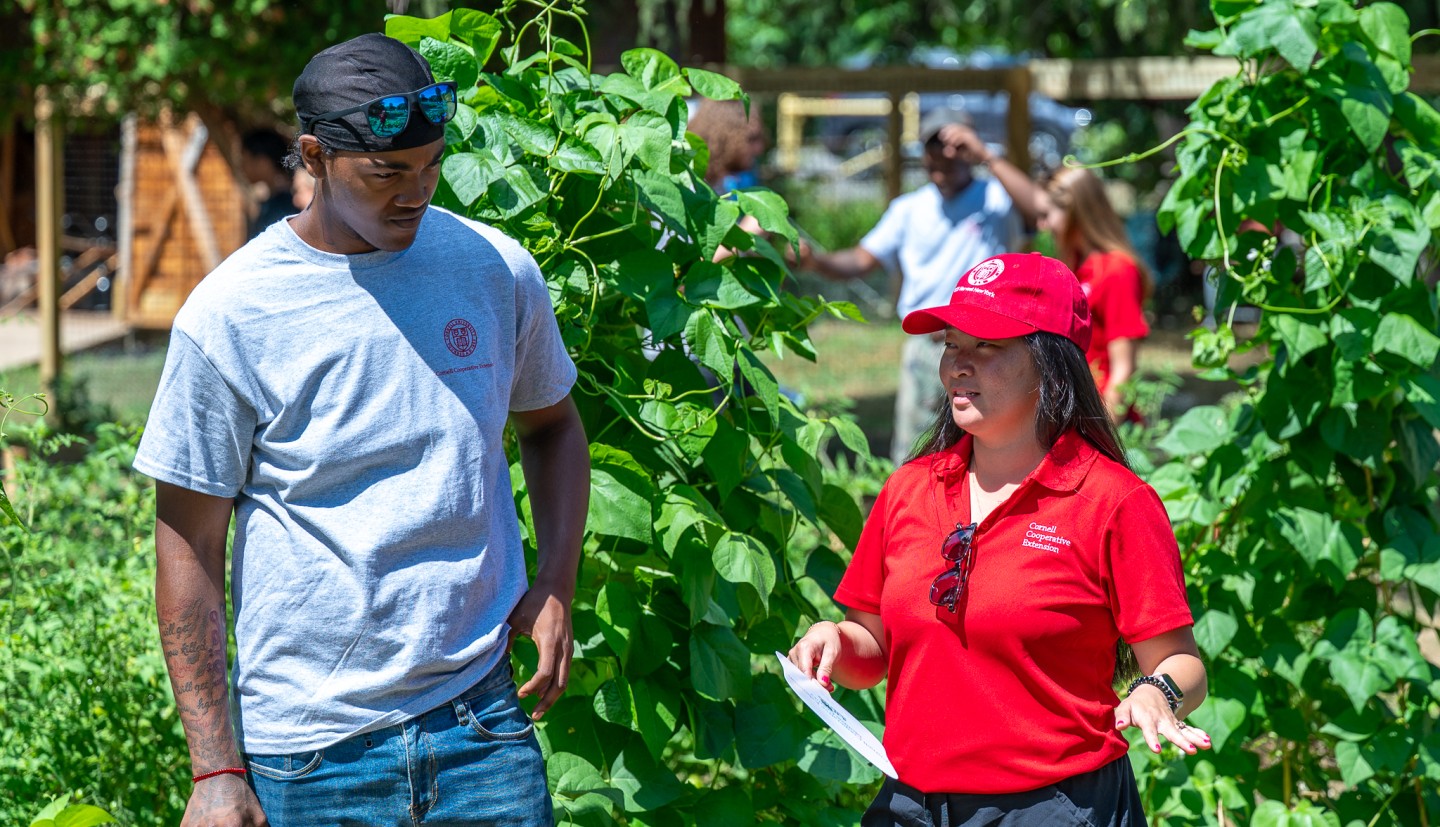 Mallory Hohl at south lawn garden in conversation with a gardener.