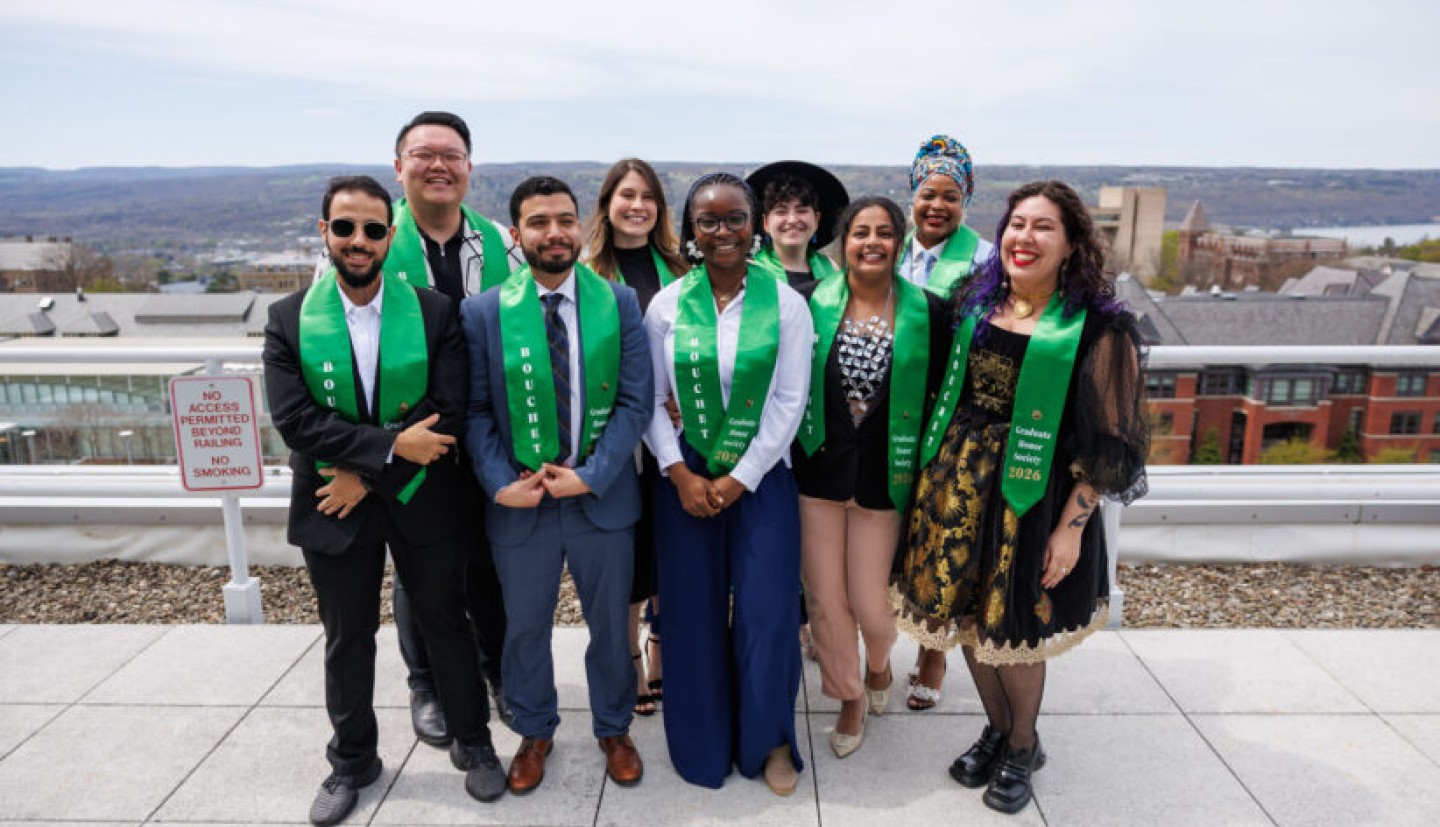 Graduate student Beatrys Fernandes Rodrigues is pictured (far right) with the 2026 cohort of Cornell Bouchet Scholars.