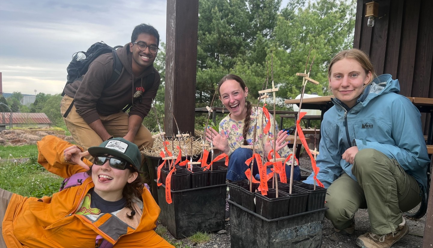 four students with labeled tree saplings