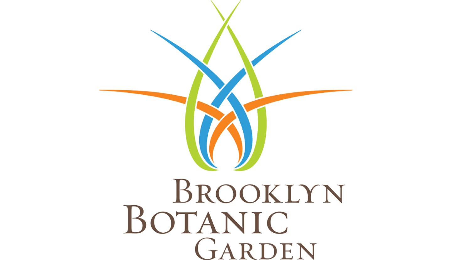 Brooklyn Botanic Garden logo featuring a stylized, abstract plant design made of intertwined green, blue, and orange curved lines above the text.