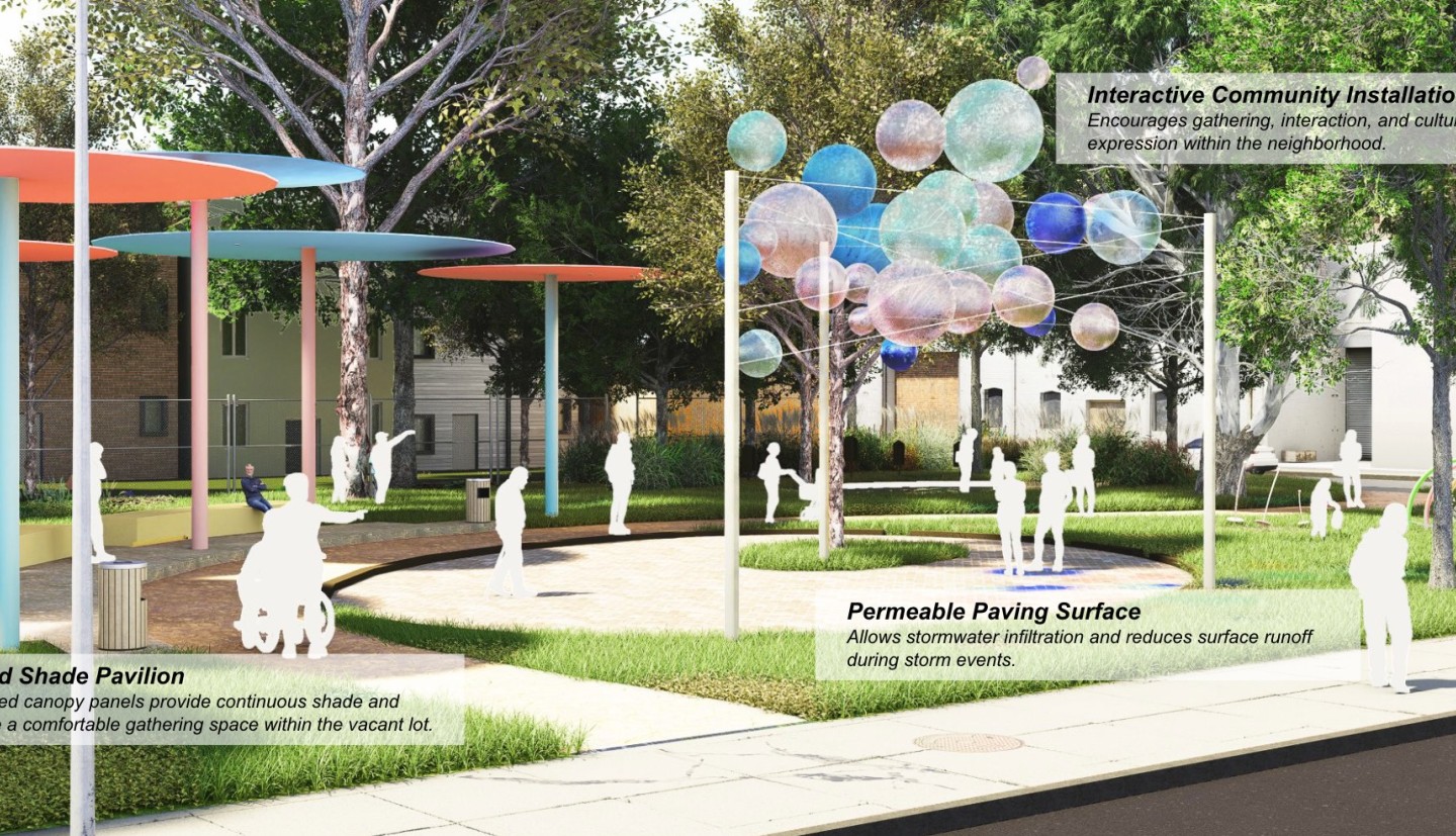 student design image of shade structures and other improvements to transform a vacant lot to a park