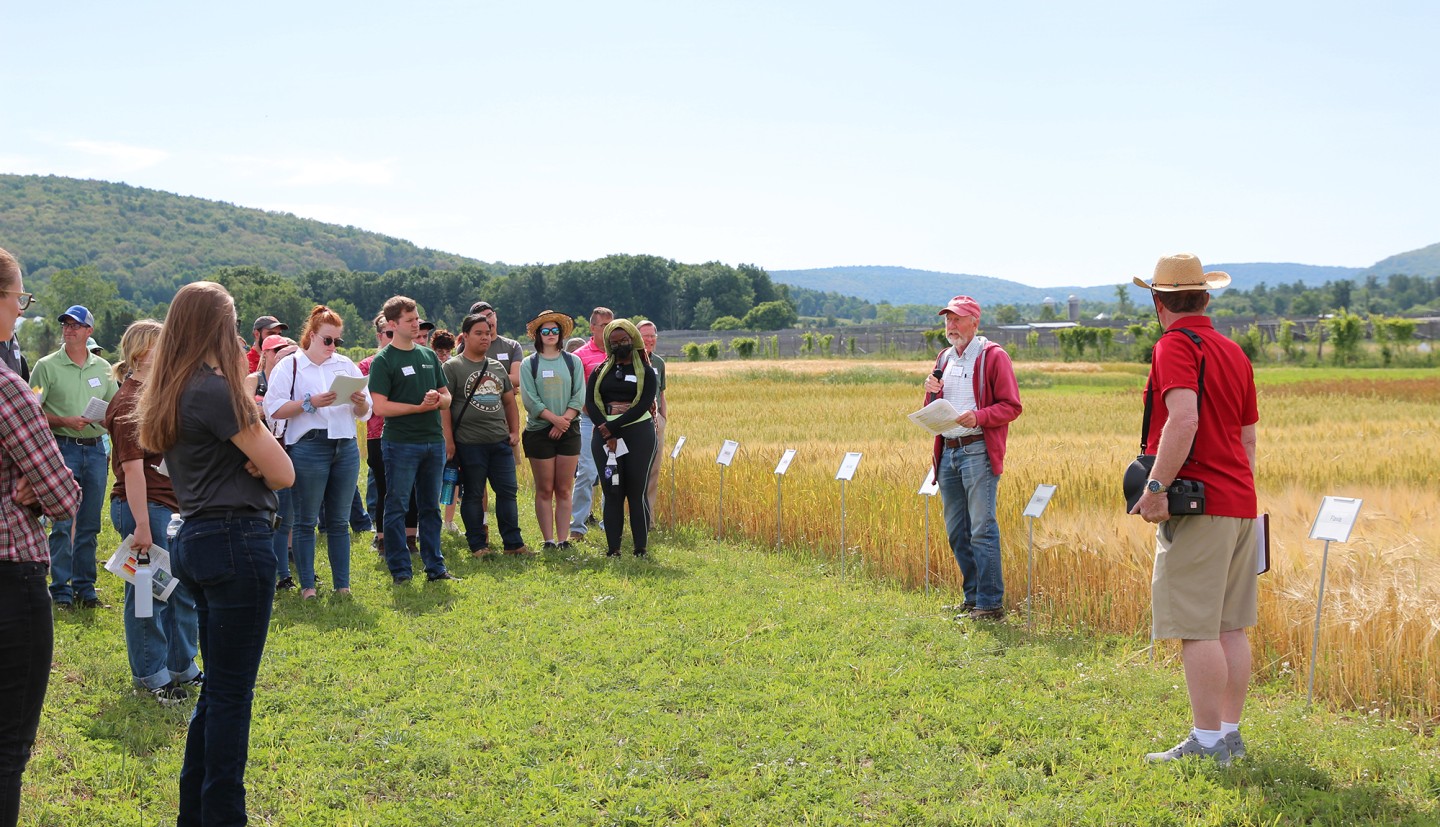 a large group of people next to small grain plots