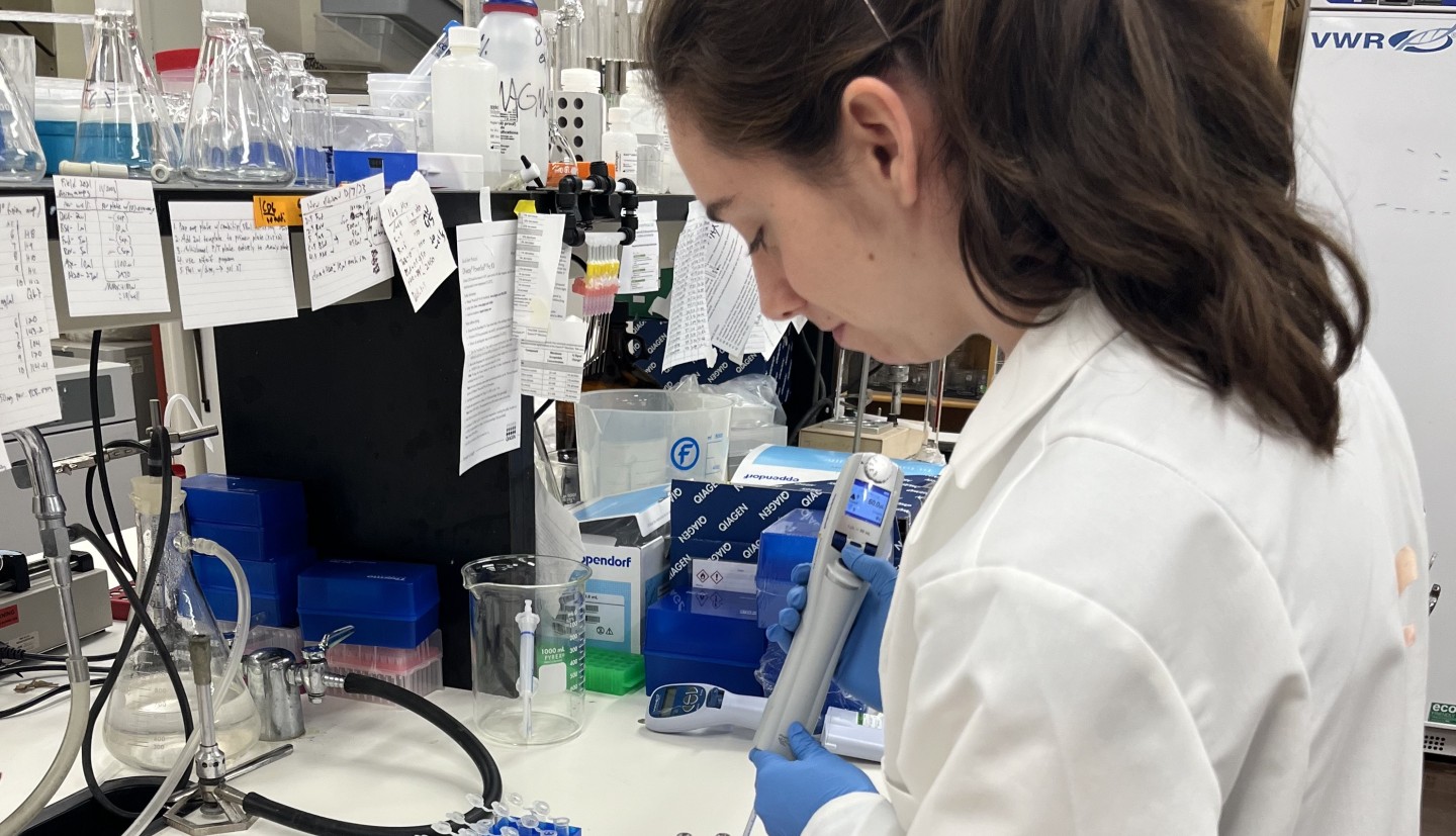 A woman uses a micro-pipette, holding it over a series of small tubes.