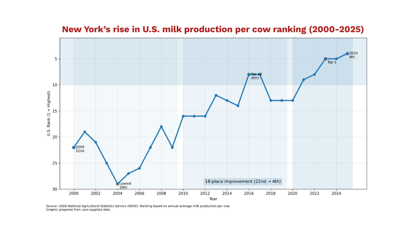 Chart showing New York's rise to fourth in the nation for milk production.