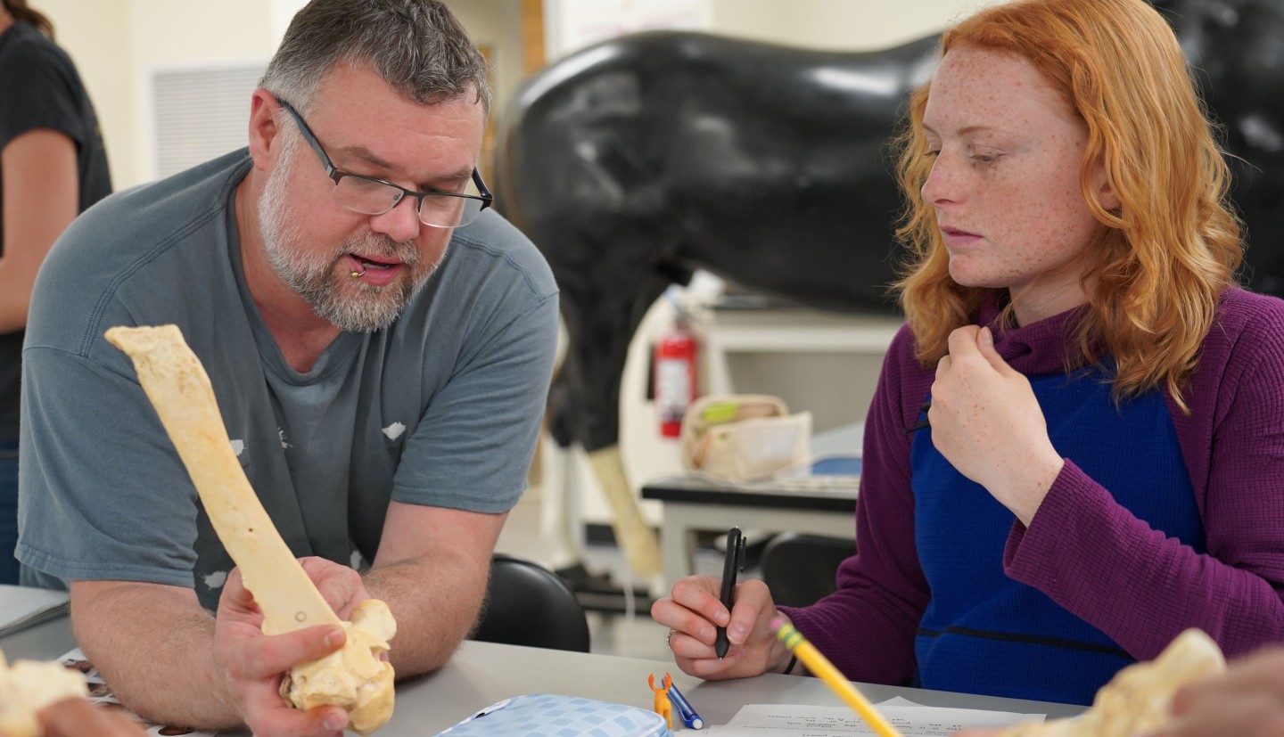 a man holds a bone and he talks to a woman