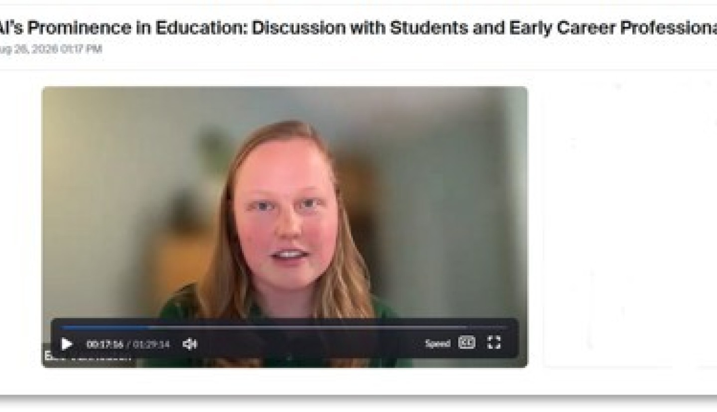A screencap of Ellie VanHouten during the panel “AI’s Prominence in Education: Perspectives from Students and Early Career Professionals.”