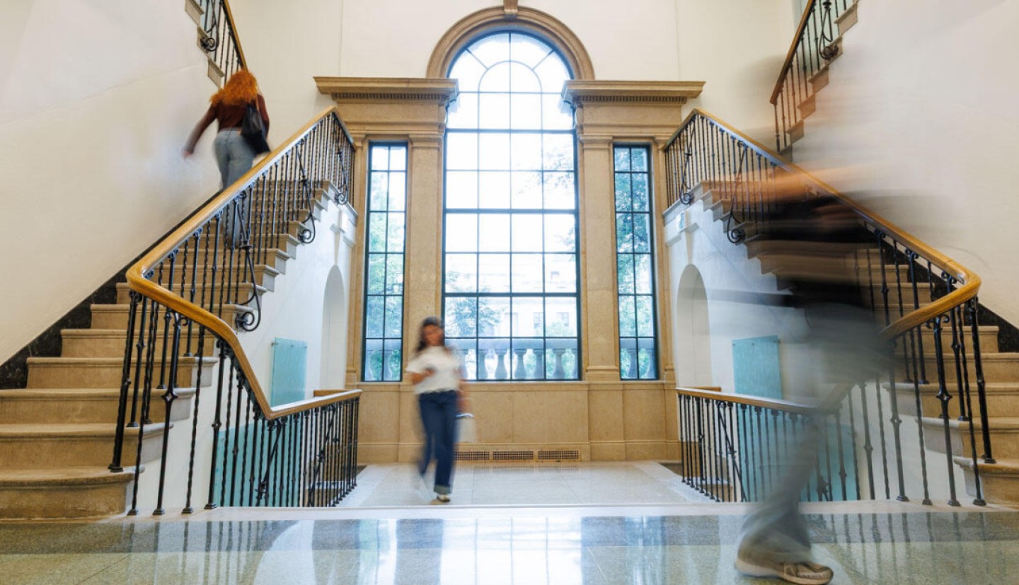 stairs and windows and blurry students