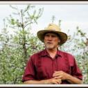 A man wears a straw hat and stands in an orchard