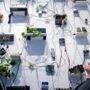 Two men looking up at a large white wall with technology and plants on it