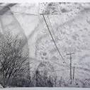 Black and white artwork showing phone lines and grass.