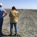 a man and a woman stand in a farm field looking at a tractor in the distance