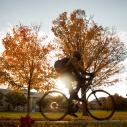 A student riding a bike in a college quad