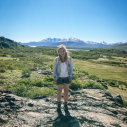 Hannah Fuller stands in front of the Patagonia mountains
