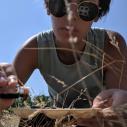 a woman lays in the grass conducting a soil acidity test