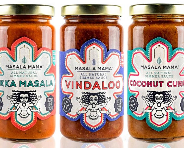 Three jars of red sauce labelled Masala Mama