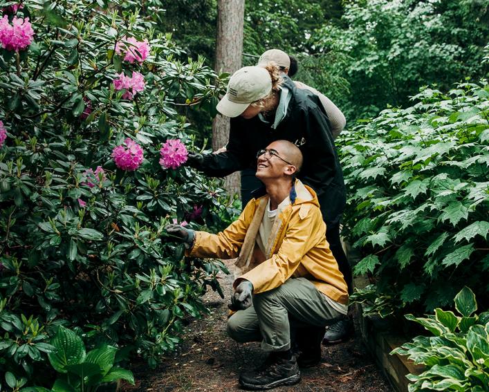 Three students examine a flowering plant in a thriving garden.