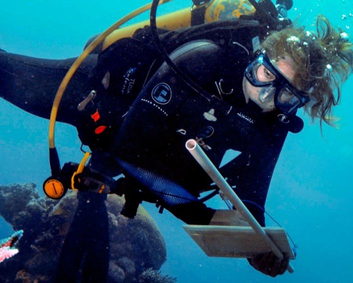 Joleah Lamb examing coral while scuba diving