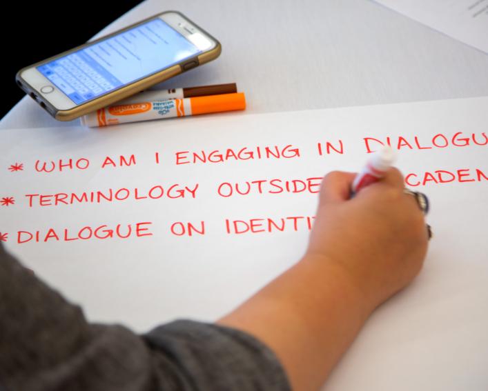 Student writing discussion topics on paper
