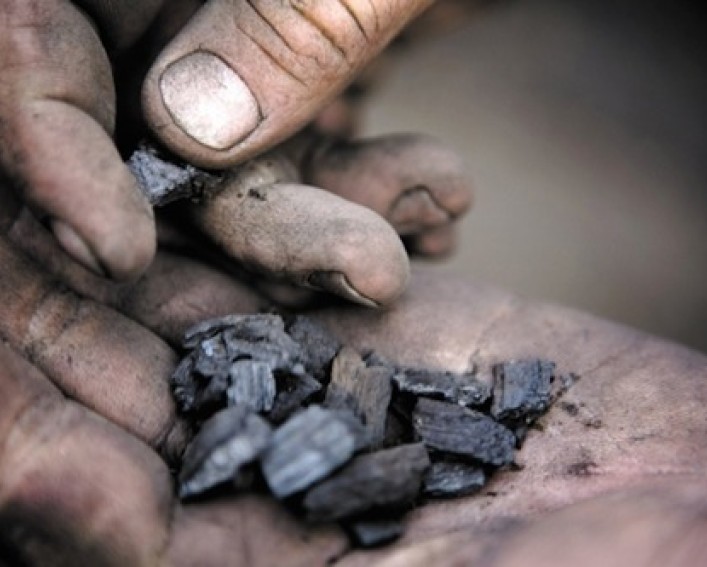 Hands hold biochar