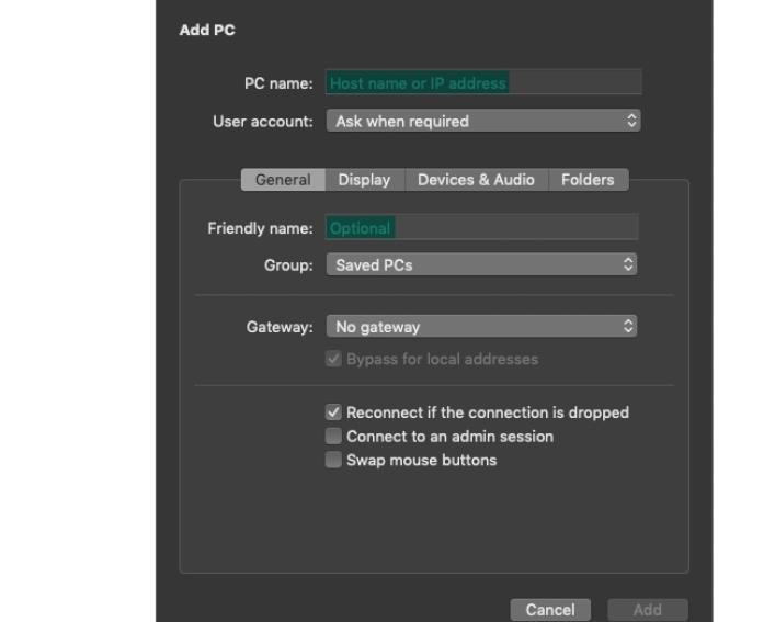 Screen capture of Microsoft Remote Desktop 10's connection configuration prompt