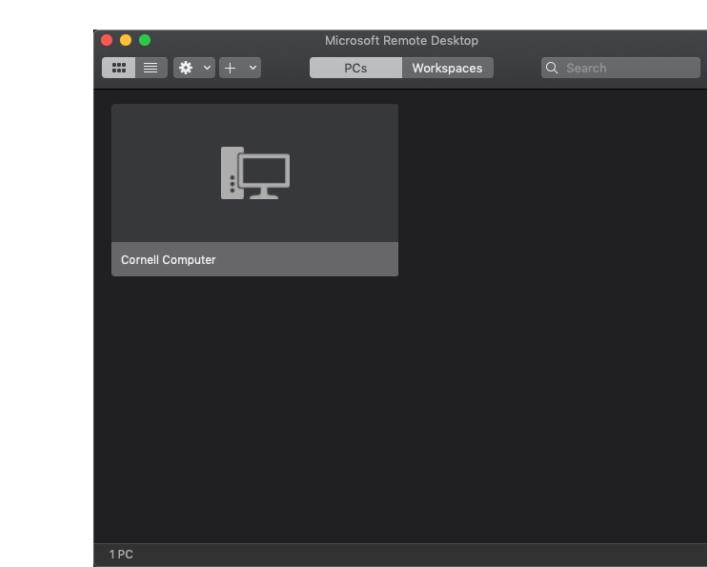 Screen capture of Microsoft Remote Desktop 10 connection selection screen