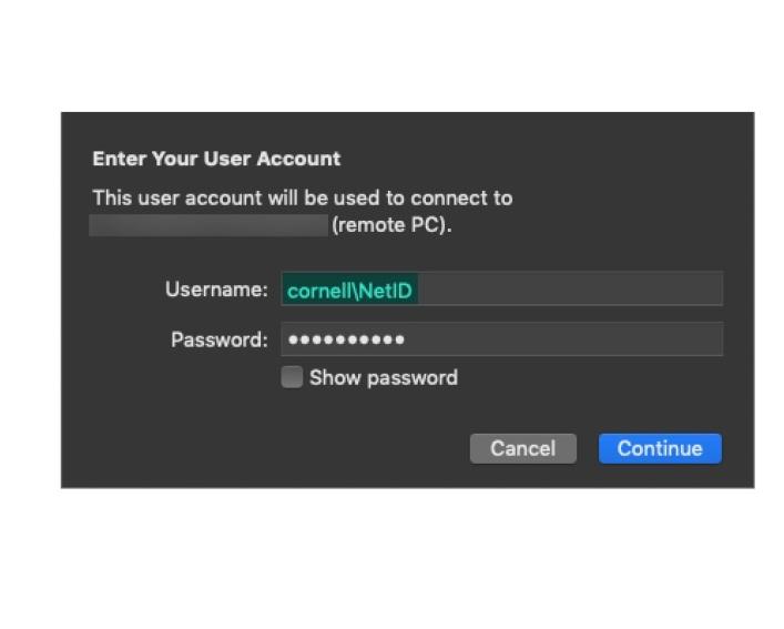 Screen capture of Microsoft Remote Desktop 10 connection authorization prompt