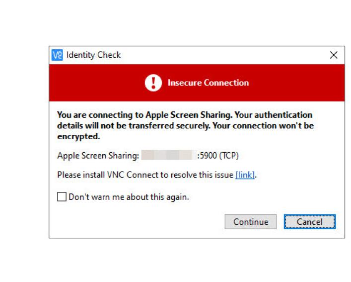 Screen capture of VNC Viewer insecure connection warning