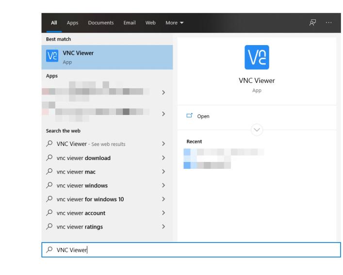 Screen capture of Windows Start Menu search for VNC Viewer.