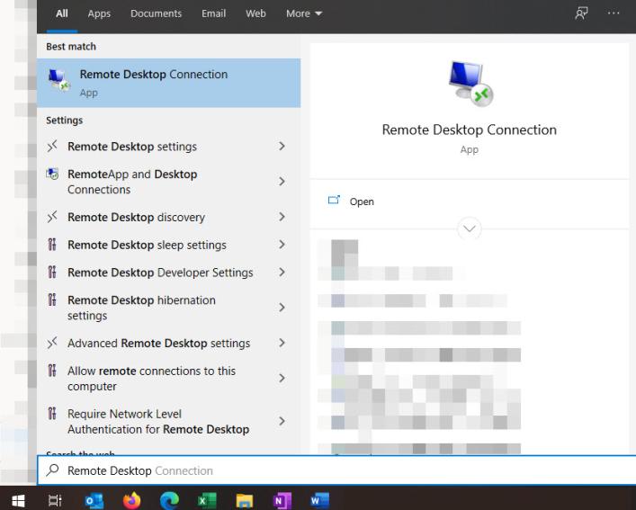 Screen capture of Windows Start Menu and search results for Remote Desktop