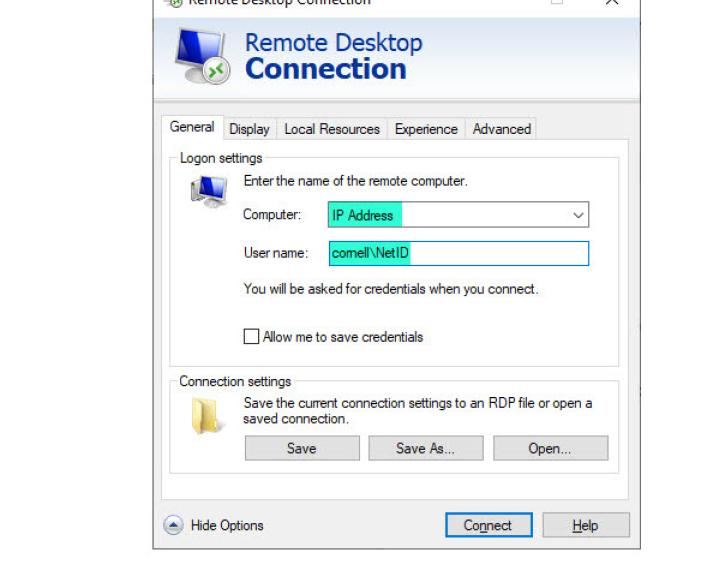 Screen capture of Windows Remote Desktop Connection software