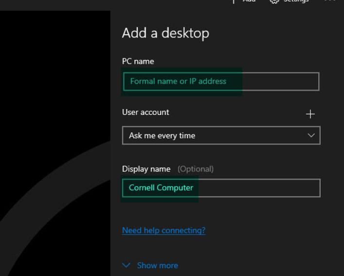 Screen capture of Microsoft Remote Desktop Windows 10 universal app configuration