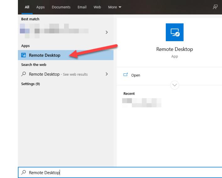 Screen capture of Windows 10 Start Menu search for Remote Desktop.