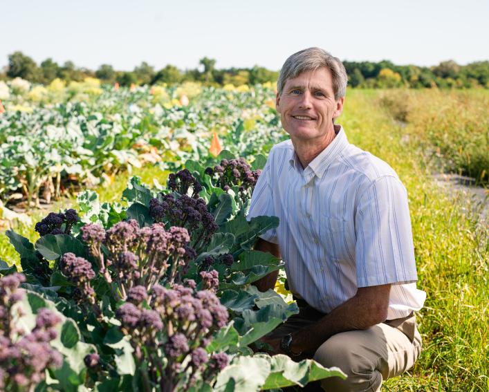 Thomas Bjorkman kneels by a row of broccoli.