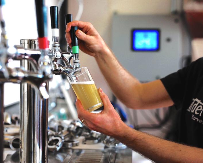 Man pours beer from a tap.