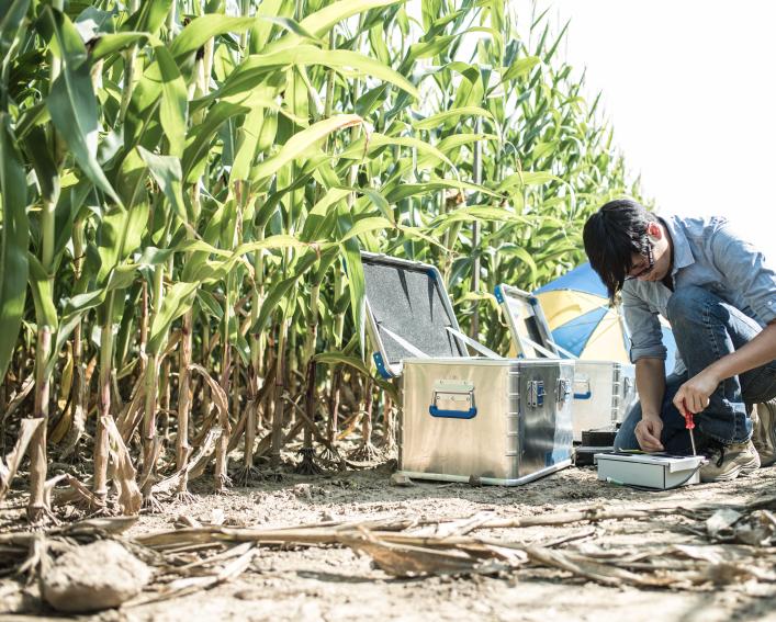 woman working with remote sensing equipment in the field