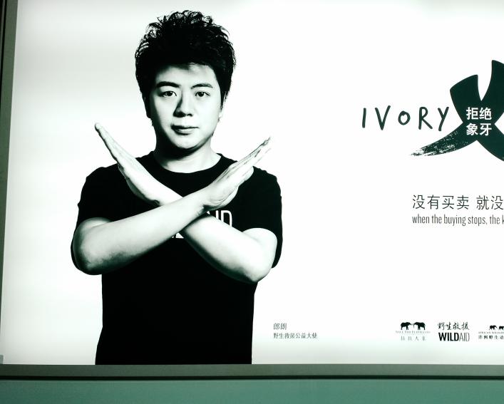 Man crosses his arms in an "X" pattern in an advertisement in Beijing against the illegal trade of ivory.