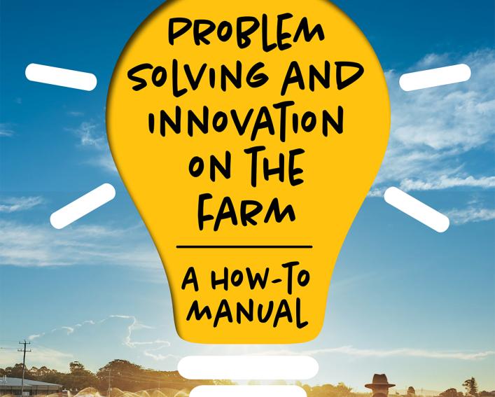 Problem Solving and Innovation guide cover with light bulb and farmers walking through field