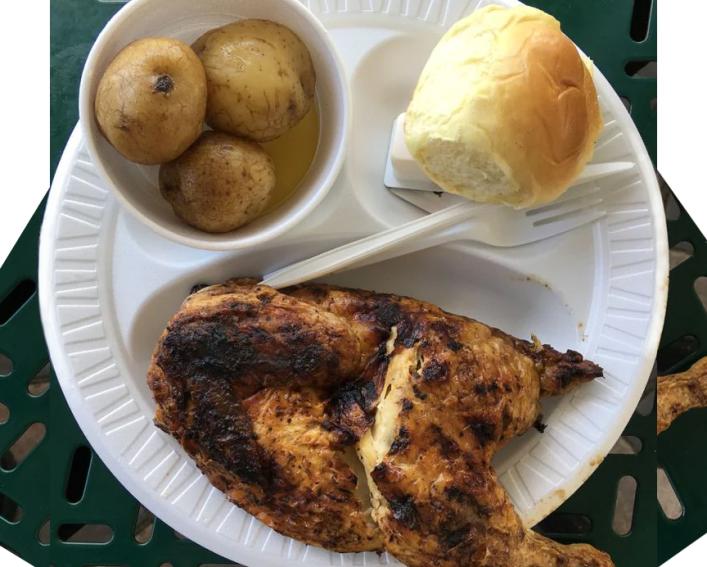 Chicken, potatoes and bread on a plate 