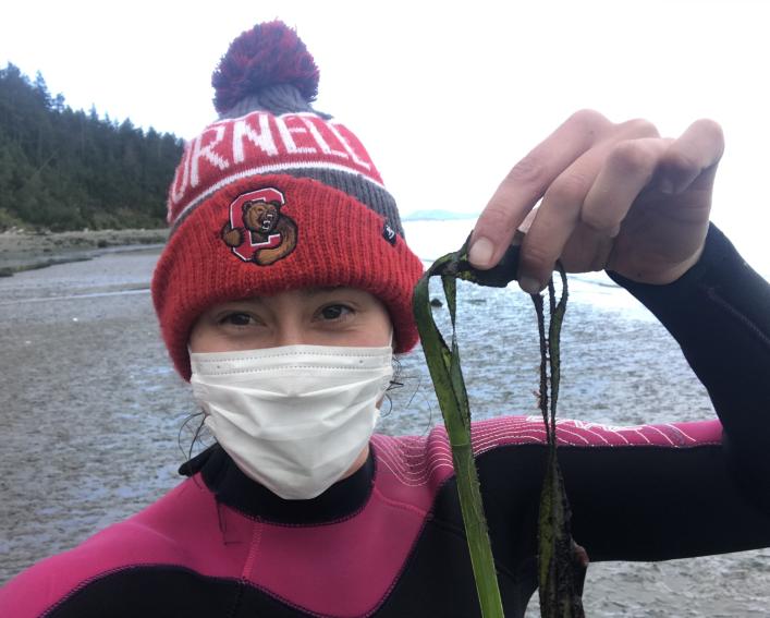 Olivia holding up a piece of eelgrass