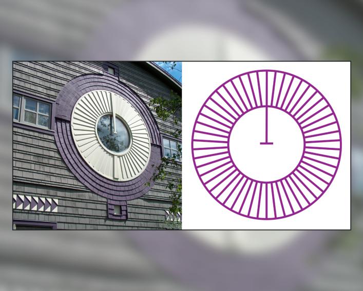 A circular exterior window on the house represents the Circle Wampum
