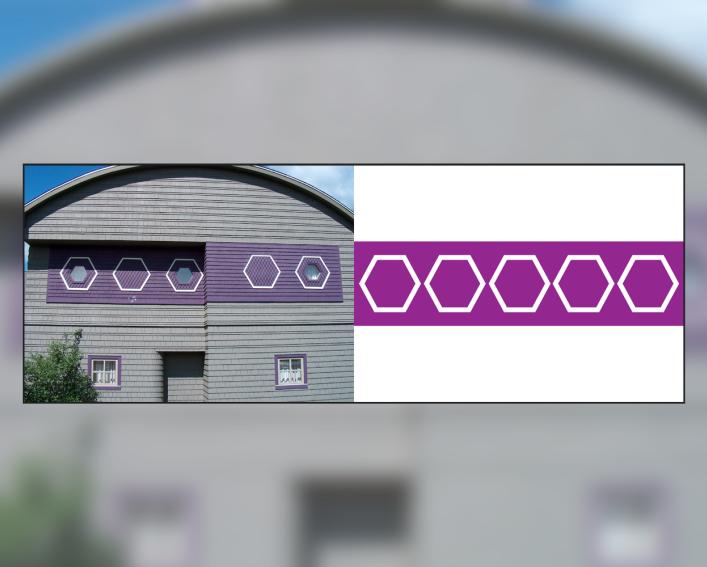 A row of five purple and white hexagons on the exterior of the Akwe:kon house.