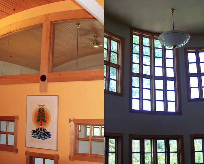 Composite image of the Akwe:kon barrel-vaulted ceiling in the community room and wood room.