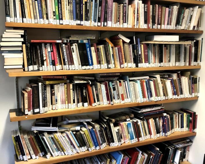 Shelves of books in the Akwe:kon library.